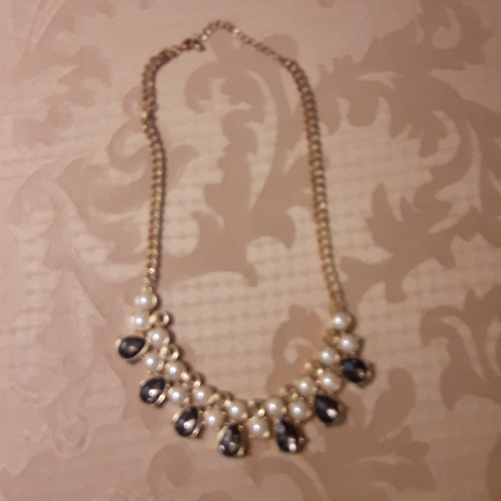 Smoky Blue & Faux Pearl Statement Necklace - Picture 2 of 6